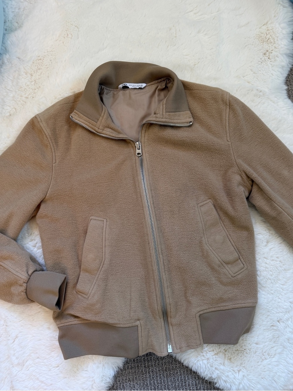 Zara Fleece Bomber Zip Jacket M - Tan